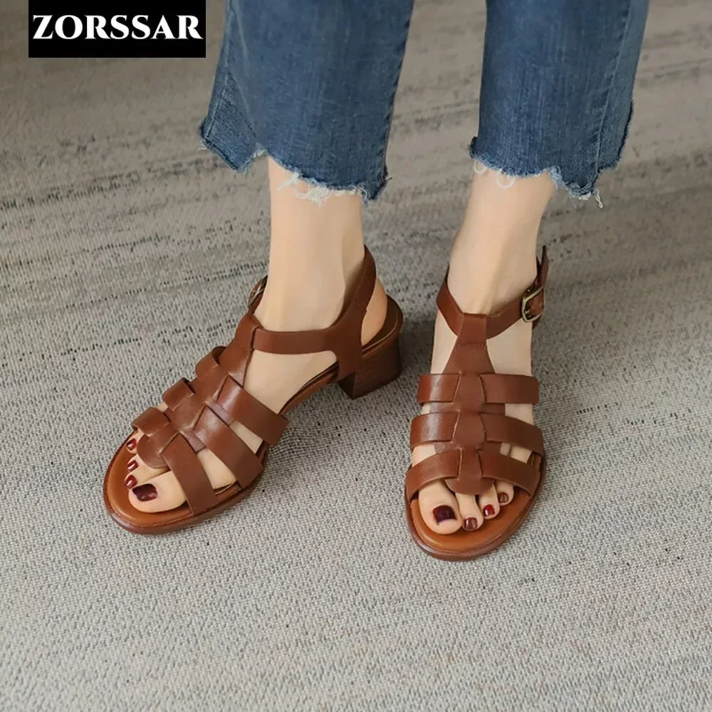 

Summer Women Sandals Square Heels Genuine Leather Casual Retro Pumps Peep Toe Female Elegant Ladies Roman Shoes Sandalias Mujer