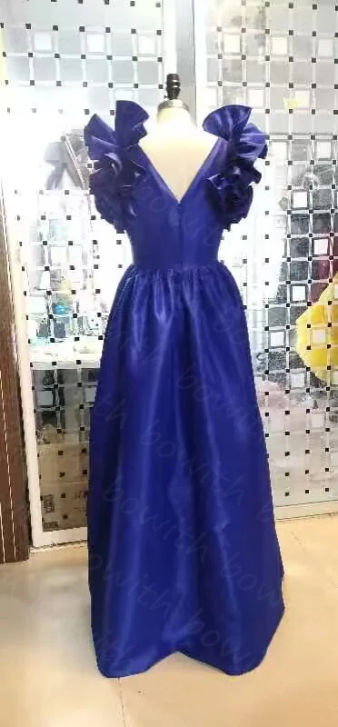 Bowith-vestido de fiesta de noche para mujer, traje Formal con hombros de flores, color azul real, elegante, 2024