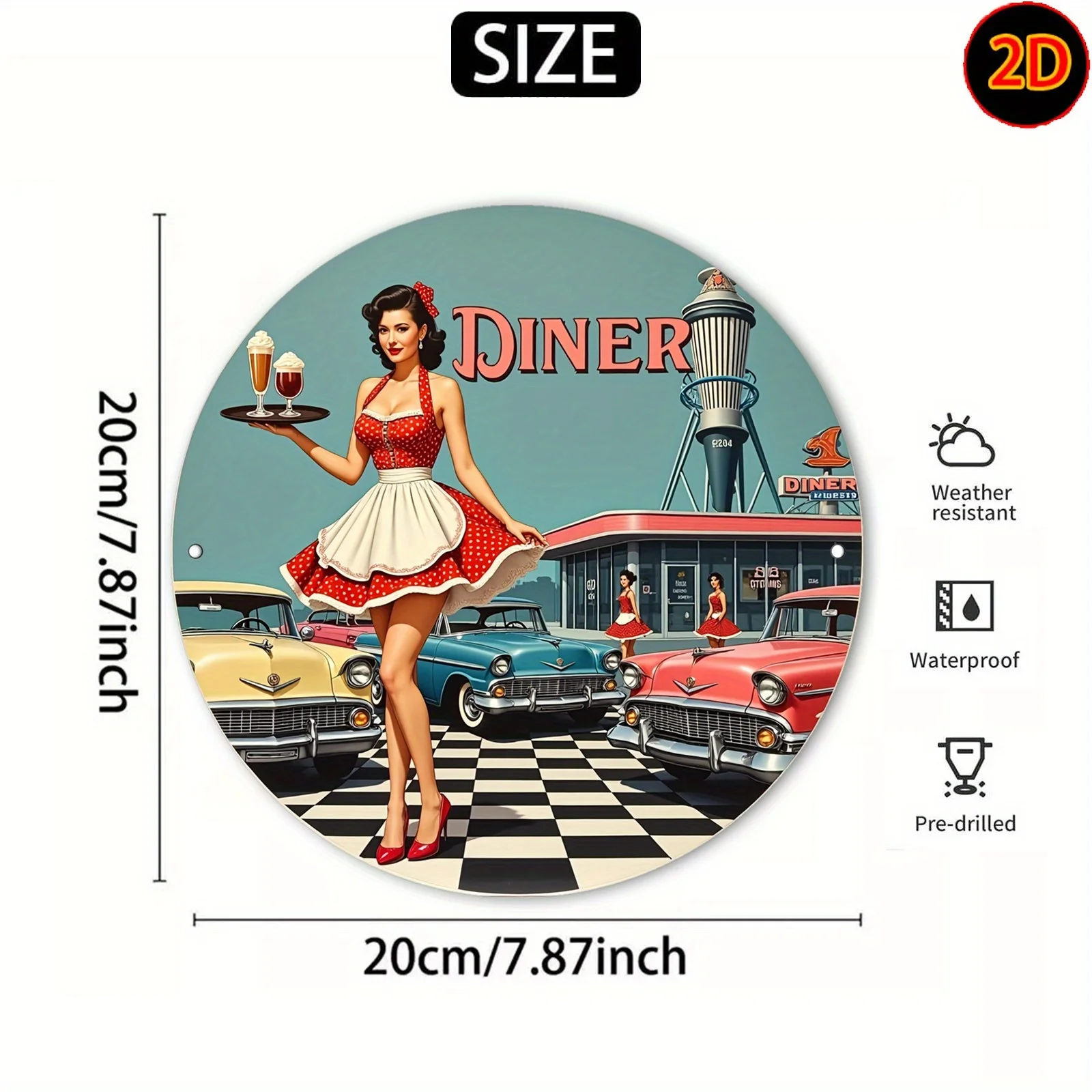2D Flat, Vintage 1950s Diner Metal Wall Art Sign - Retro 50s Waitress & Classic (for Bel Air) with Milkshake Counter Scene