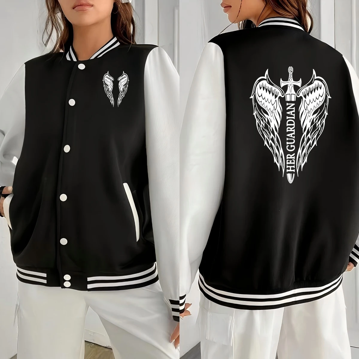 

Her Guardlan Sword And Wings Printing Couple Baseball Uniform Fleece Warm Womens Coat Casual Jackets Button Loose Sportswear