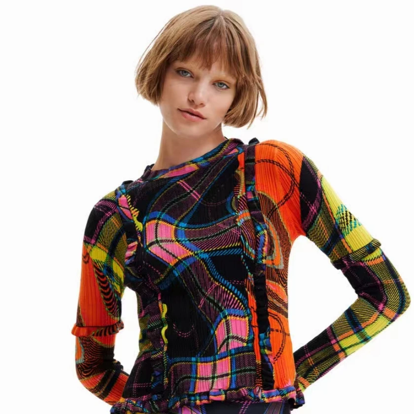 

2026 blouses tops women's blouses and shirts woman clothes women blouses Printed elastic knitted sweater exquisite ruffled cuffs