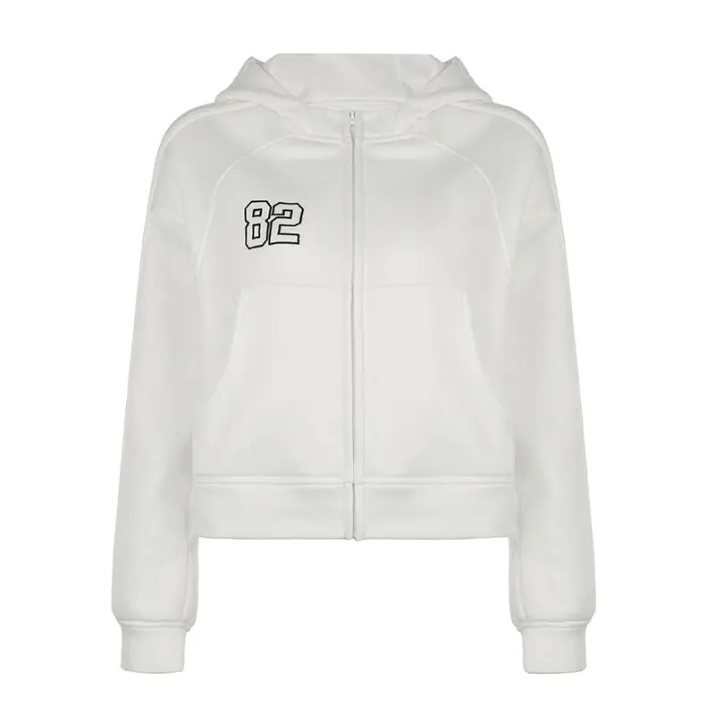 Hoodie Coat Zip Plus Velvet Letter Printing White Hip Hop Graphic Sport Long Sleeve Hoodie Harajuku Women Streetwear Short Coat