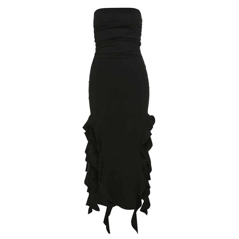 デイリードレス女性服真新しいエレガントなフリルセクシーなストラップレスビーチホリデードレス女性のためのビーチビーチパーティー