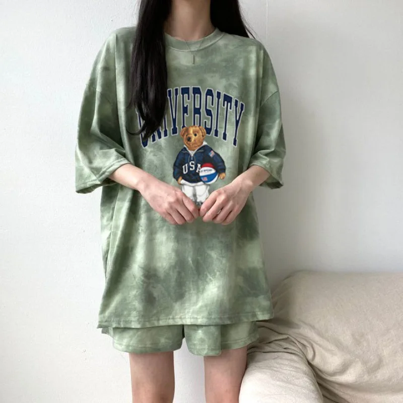 Short-Sleeved T-Shirt Pajamas Two-Piece Suit Female Large Size 3xl Cartoon Bear Short-Sleeved Shorts Ladies Fashion Loungewear