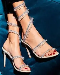 New Round Head Open Toe Thin High Heels Sandals Water Drop Serpentine Winding Belt Rhinestone Buckle Satin Ankle Wrap Shoes