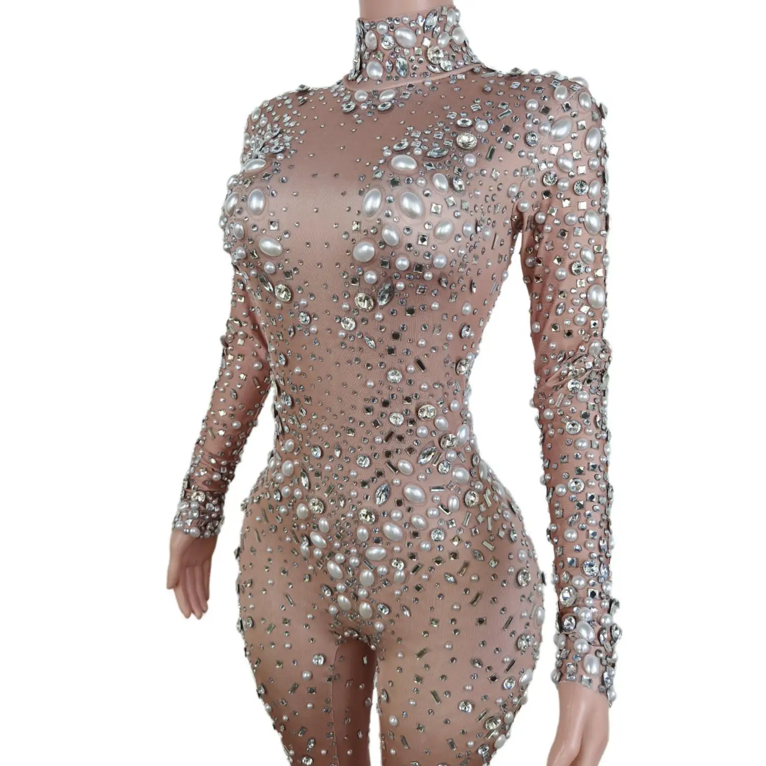 Brilhante estiramento elastano pérola strass uma peça bodysuit palco desempenho outfits feminino bodycon macacão sexy diamante macacões