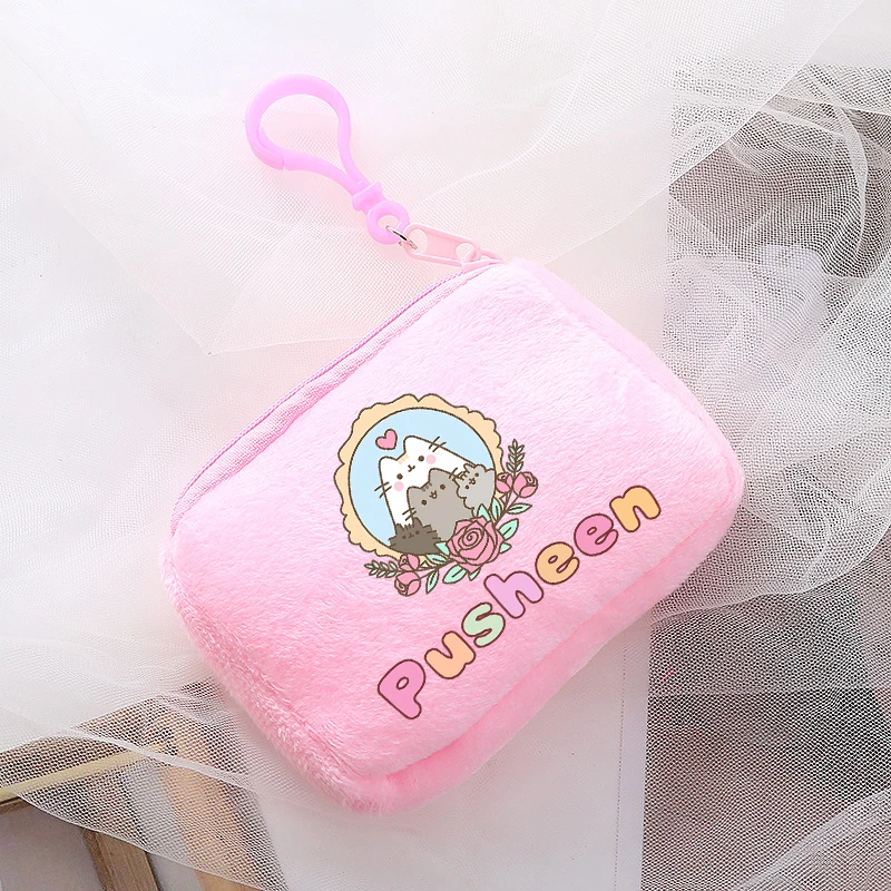 Pusheen Cat Mini Plush Coin Purse Cartoon Anime Pink Canvas Square Storage Bag ID KeyCase Handbag Kids Girls Birthday Cute Gifts