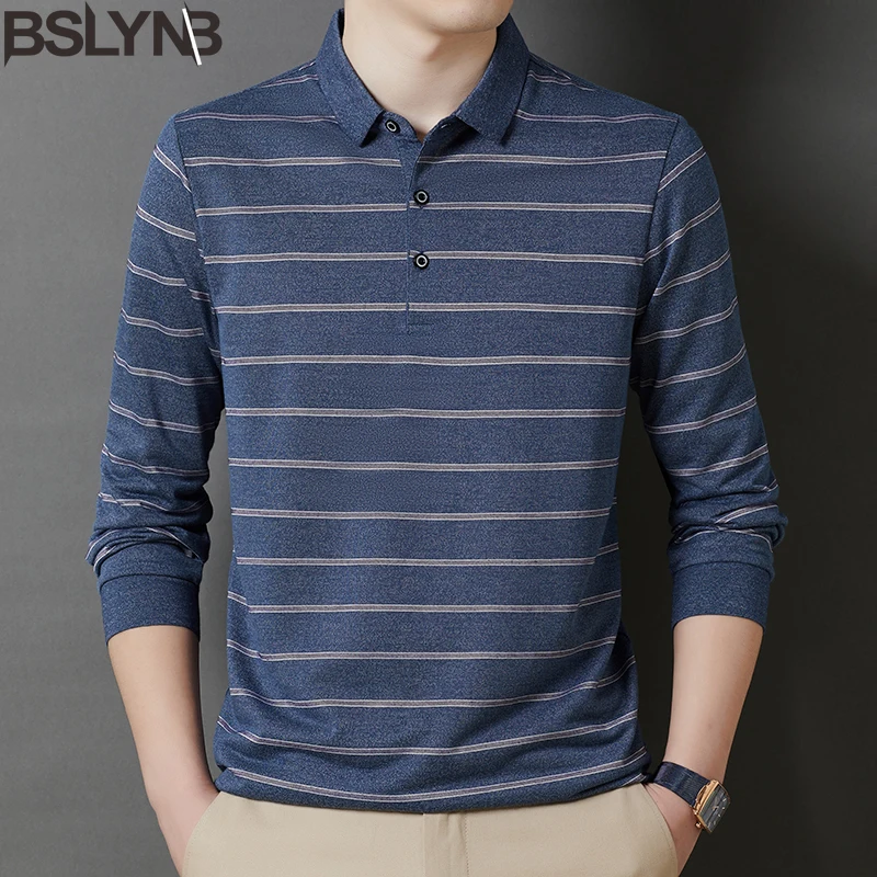 Stylish Men's Slim Fit Korean Stripe Polo Shirt Button Down Casual Long Sleeve Business Tshirt