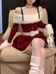 Off Shoulder Fur Sexy Long Sleeve Dress Women Winter Christmas New Fashion Slim Knit Dresses Red Contrast Sweet Short Dress 2024