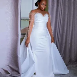 Customized Scoop Neck Shinny Pearls Wedding Dress Vestido De Casamento 2025 Long  Sleeve Bridal Gown With Detachable Train