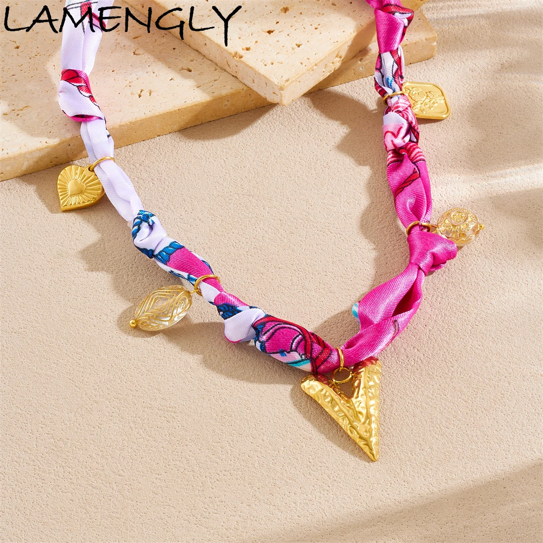 

LAMENGLY 316L Stainless Steel Rose Red Ribbon Personalized Flower Heart Pendant Necklace Women New Trend Neck Chain Leisure Gift