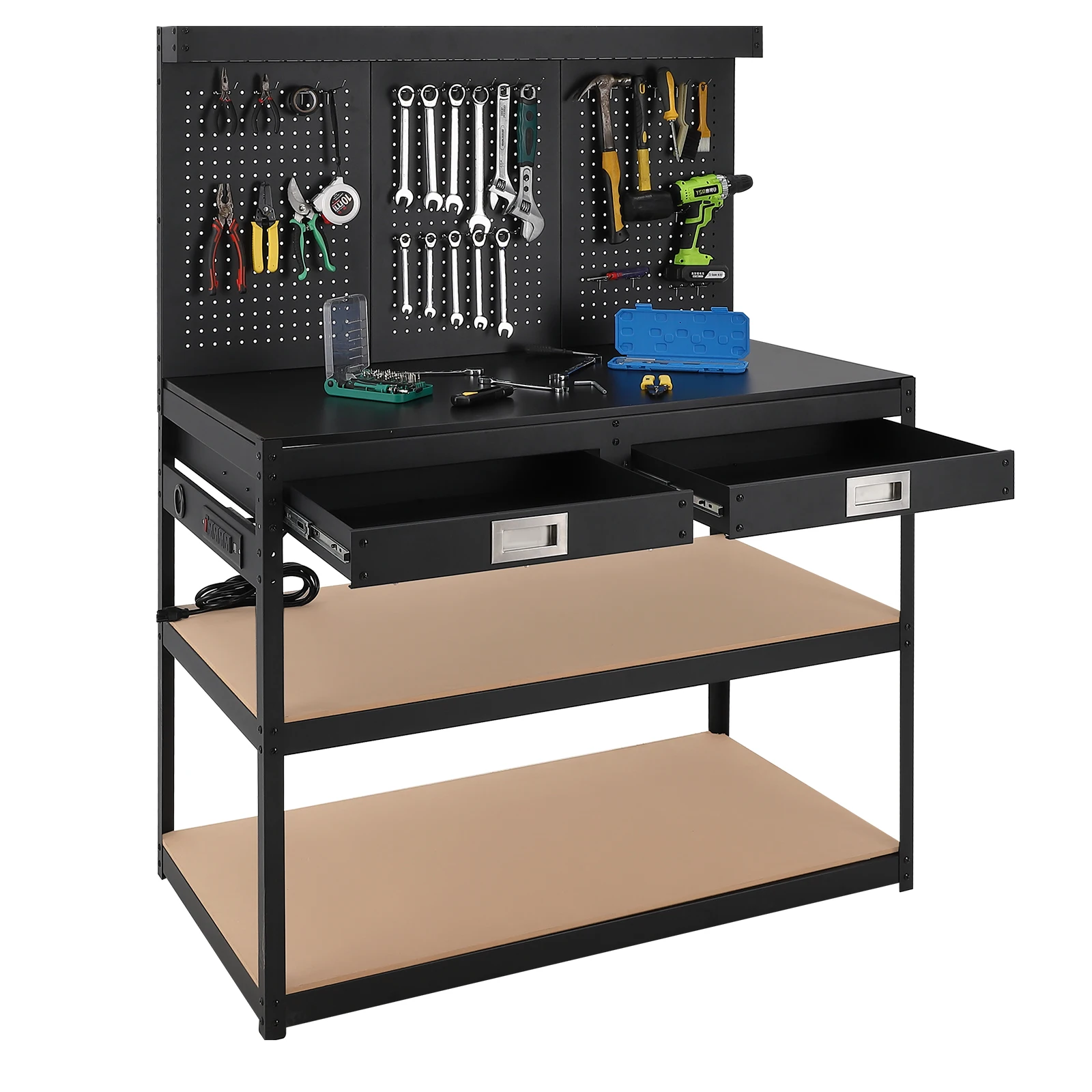 

Steel Workbench for Garage and Workshop Featuring Pegboard, 2 Drawers, 1000lbs Capacity,and 4 AC Power Outlets