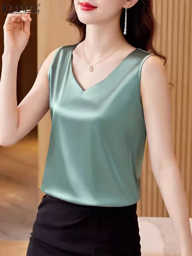 

ZANZEA Elegant Women Matte Satin Blouses 2024 Summer Sleeveless V Neck OL Work Tank Tops Korean Fashion Solid Color Shirts