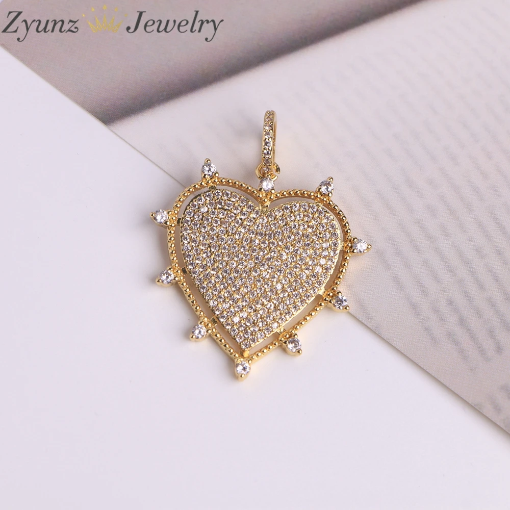 10PCS, Luxury Gold Silver Color Plated Metal Cubic Zirconia Heart Charms Heart Pendants Love Charms