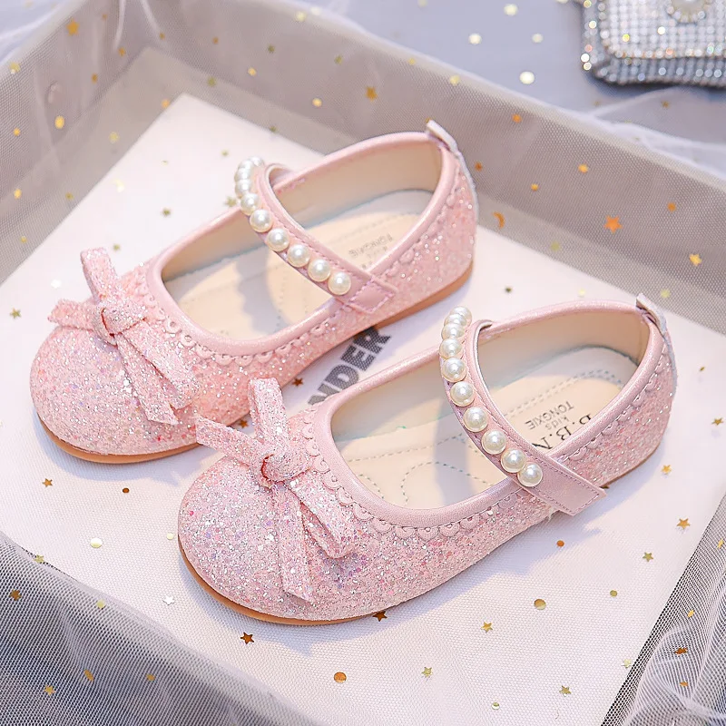 Girls Pearls Princess Shoes 2023 Spring New Children's Fashionable Rhinestones Kids Leather Shoes Crystal Shoes Flats Shiny Chic