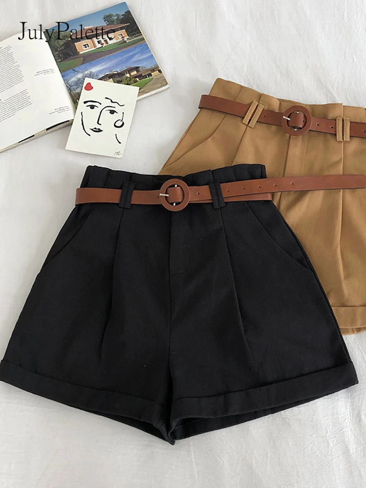 JulyPalette Casual Shorts For Women's 2022 Summer High Waist Wide-leg Curl Shorts With belt Female Solid Shorts Bottom