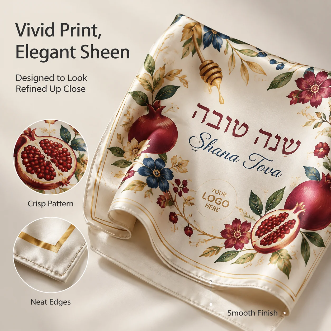 Custom Rosh Hashanah Silk Scarf for Jewish New Year Personalized Logo Pattern Scarf Holiday Gift Wholesale Bulk Order