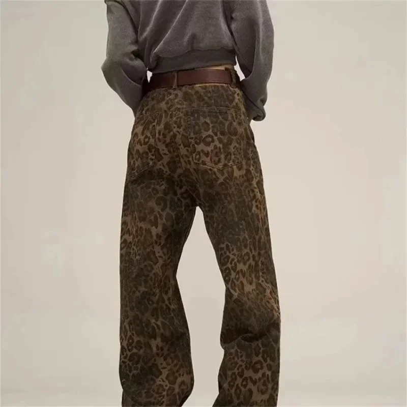 Amerikaanse vintage luipaardprint jeans dames herfst winter nieuw design gevoel kleine rechte buis overall casual broek