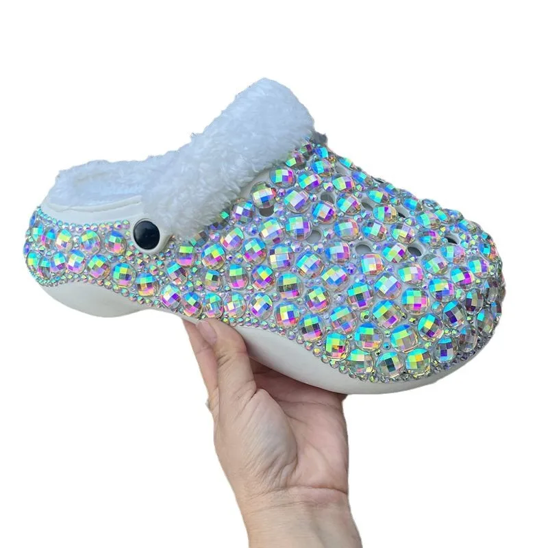 

Новые оригинальные женские туфли: модные, ручной работы, с инкрустацией стразами, на платформе, из ЭВА, с отверстиями, женские хлопковые туфли, блестящие туфли