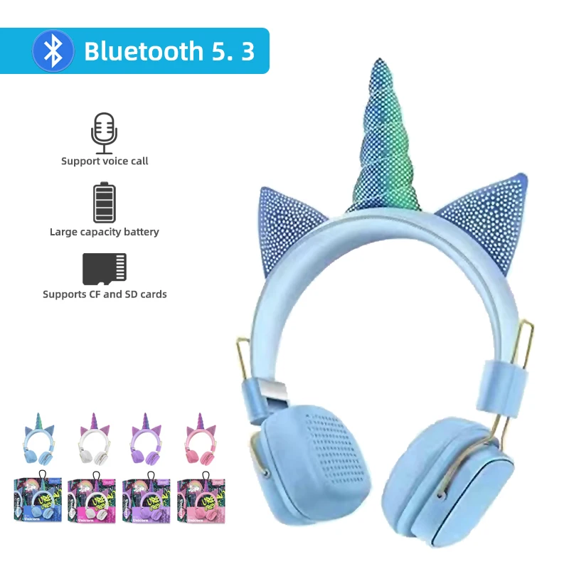 Wireless Headphones with Microphone Unicorn Girl Stereo Music Helmet Headphone Player Foldable Plug-in card Children's Headphone