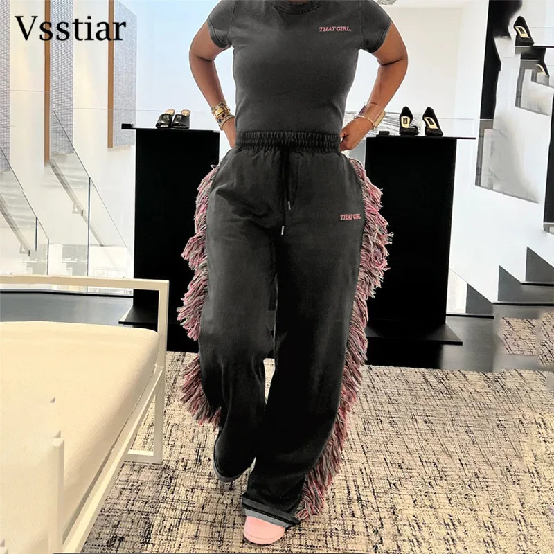 

Vsstiar2024 Short Sleeve O Neck Letter T-Shirt High Waist Tassel Pants Summer Fashion Streetwear Casual Women Two Piece Set