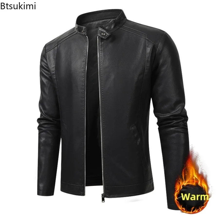 

Autumn Winter New Men's Standing Collar Leather Jackets Fashion Slim Motorcycle Cycling Clothes Thicken Fleece PU Leather Coats