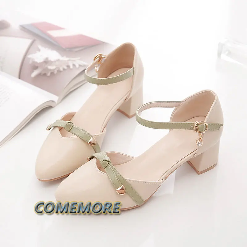 2023 New Fashion Ladies Leather Pu Sandals Soft High Quality Elegant Middle Heel Casual Luxury Designer Shoes Buckle Strap Lady