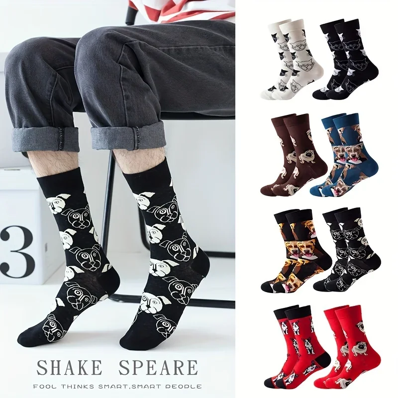 4 Pack Mid-Calf Men's Socks Dog Spring/Autumn Animal Print Unique Fashion Unisex Style , Designer Socks , Funny Socks