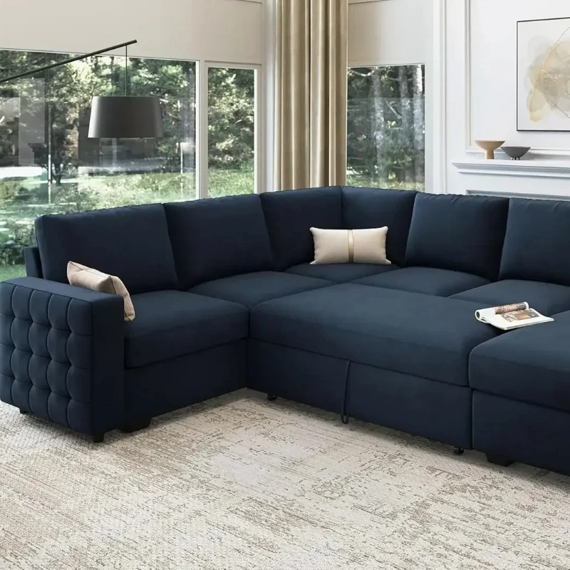 

Sectional Sleeper Sofa with Pull Out Bed U-Shape Sectional Couch Sleeper Bed with Storage Chaise Lounge Living Room 6 Seater