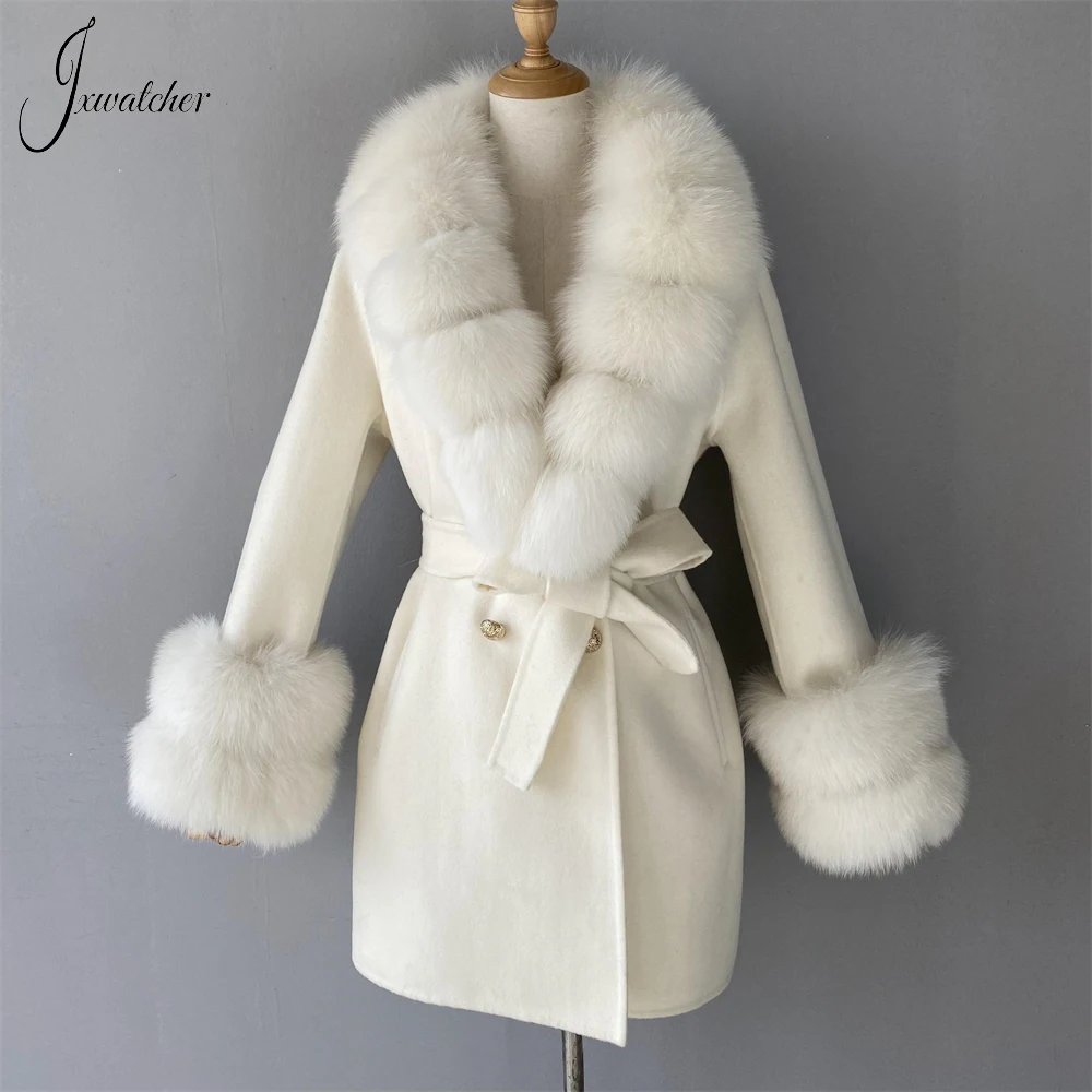 Jxwatcher-abrigos de Cachemira con cuello de piel de zorro Real para mujer, chaqueta de lana de longitud media, abrigo elegante con cinturón de