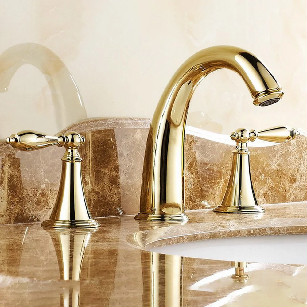 

Basin Faucet Deck Mounted 3 piece set Bathroom Luxury Gold Color Brass Two Handle Sink Mixer Tap znf237