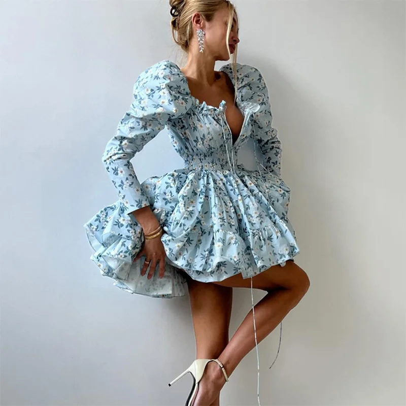 Trendix Abito con stampa floreale per le donne Autunno Sexy Deep V Nekc Fasciatura Manica lunga Abiti corti Lace Up Elegante abito con volant 2025