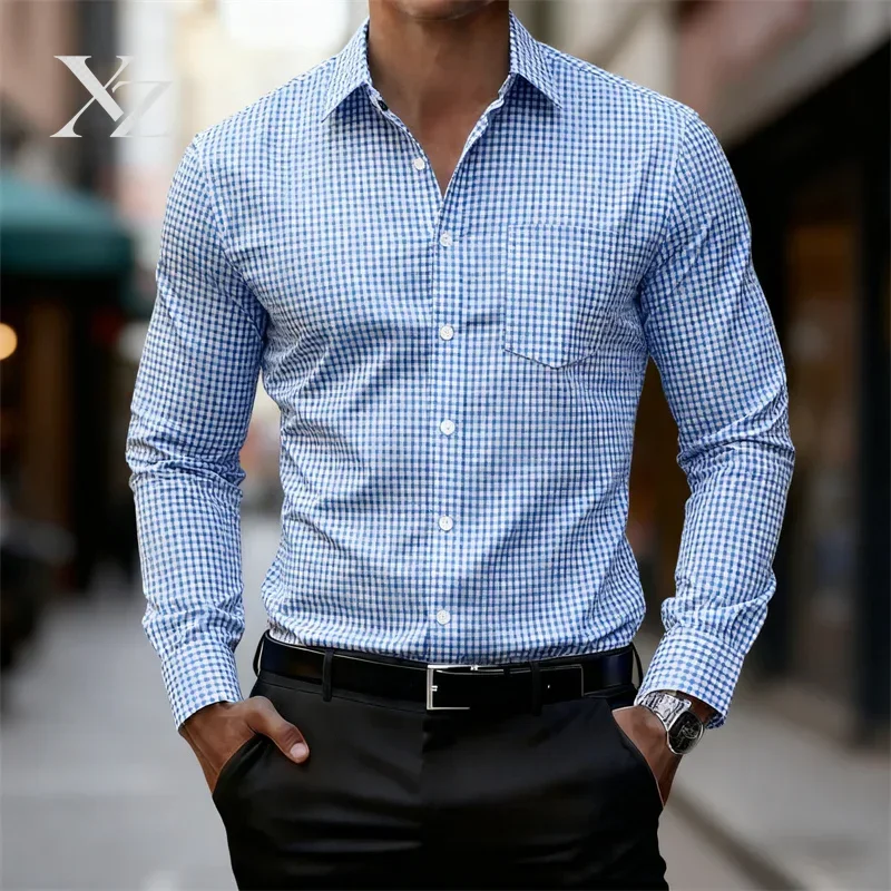 Men's Slim Fit Long-Sleeve Business Casual Shirt, Blue and White Fine Check, 2025, 11 Colors