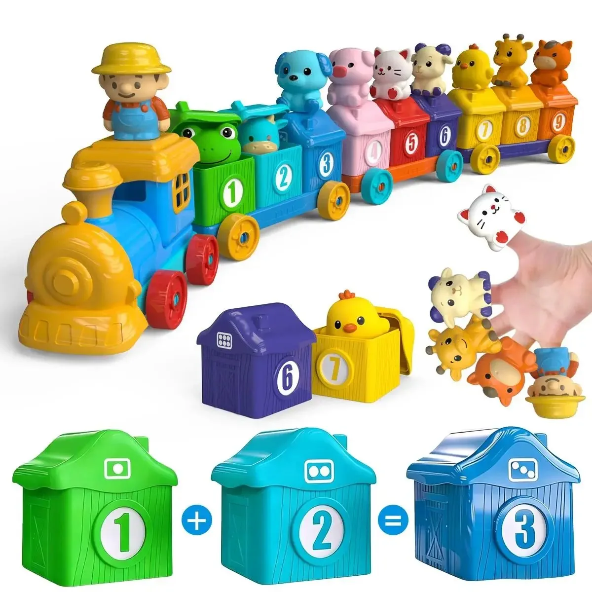Montessori Toy Farm Train Set for Toddlers Farm Animals Finger Puppets Color Matching Game Stacking Blocks Gifts