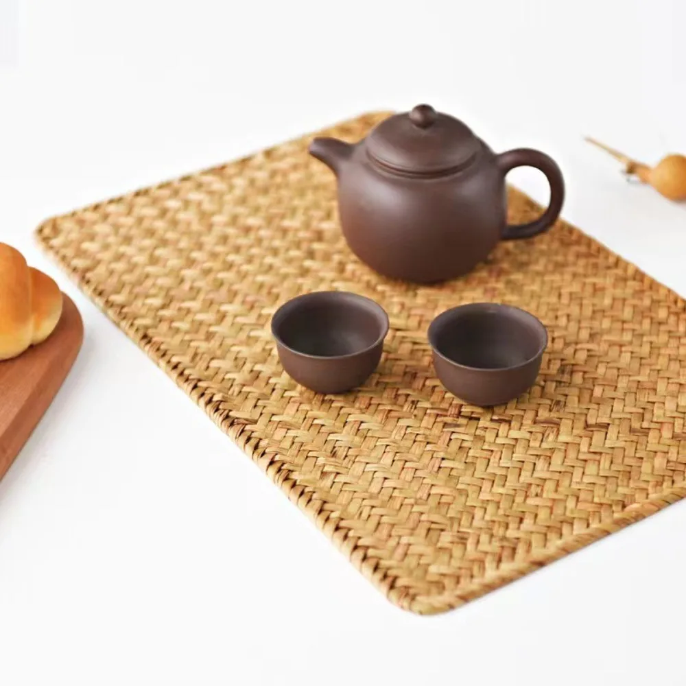 Durable Natural Woven Rattan Table Placemats Heat Resistant Rectangular Indoor Placemats Washable Rustic Tablecloths Kitchenware