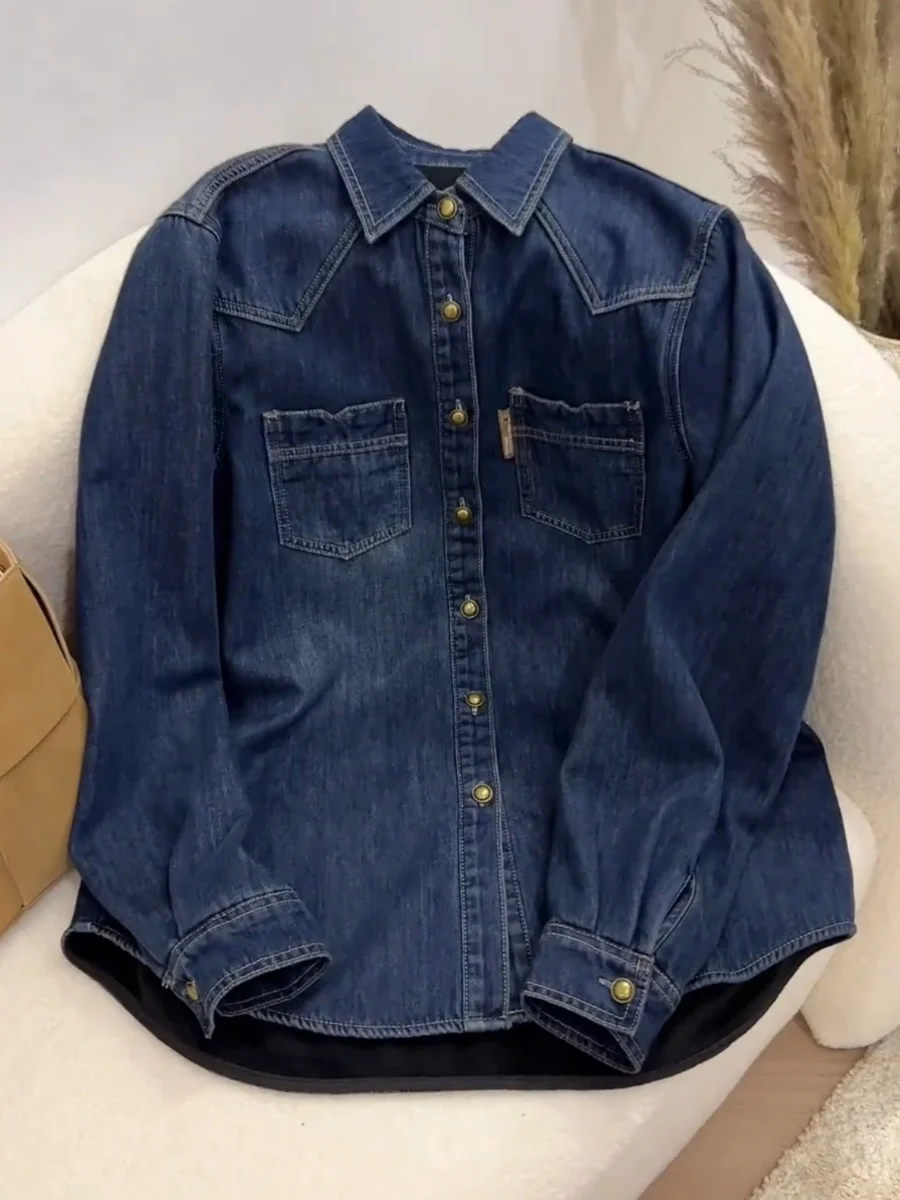 

Women's Fleece Lined Denim Shirt Loose Fit Thickened Layering Top Spring 2026 New Style Collar Long Sleeve Pure Color