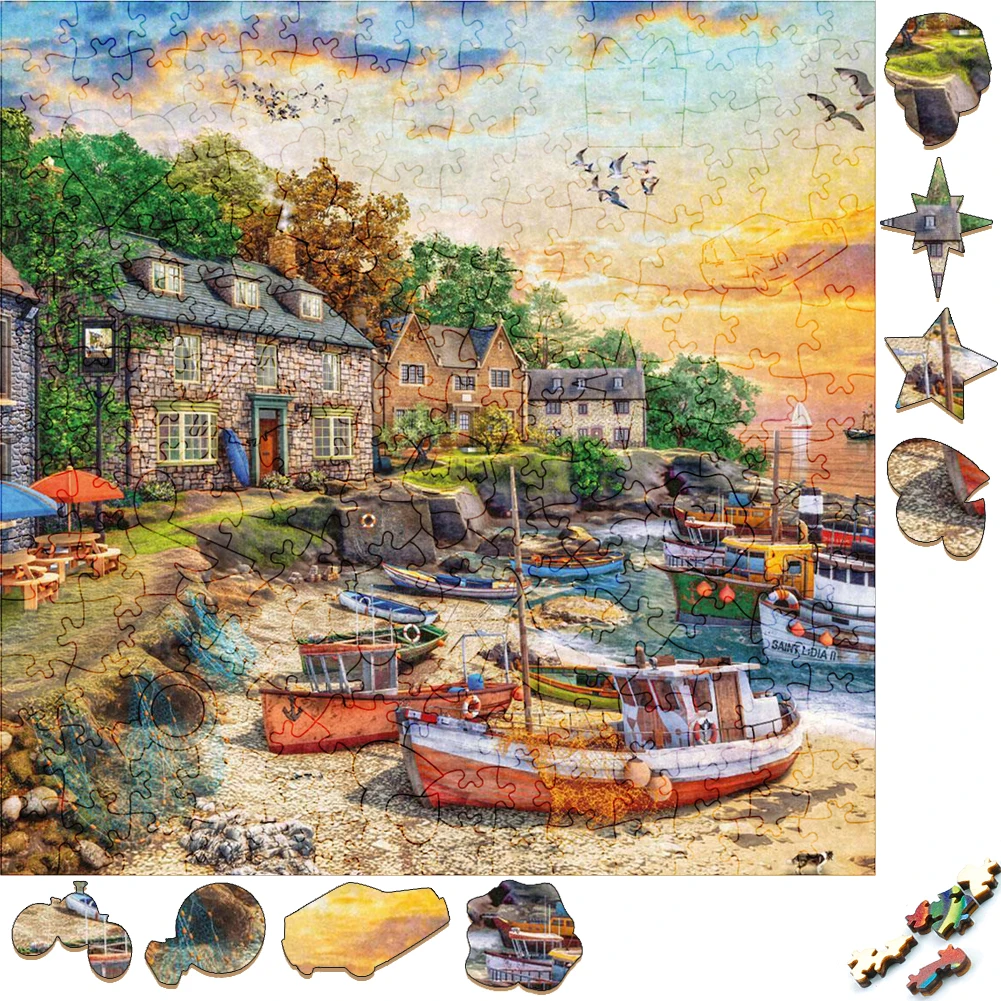 

Creative Wooden Puzzles Seaside Town Sunset Irregular Shape Puzzle Board Set Decompression Puzzle Toys for Adults Family Games