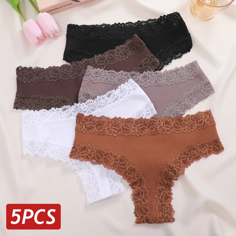 5PCS/Set Sexy Lace Seamless Cotton Panties for Women Low Rise Brazilian Pants Breathable Girls Underwear Soft Plus Size Lingerie