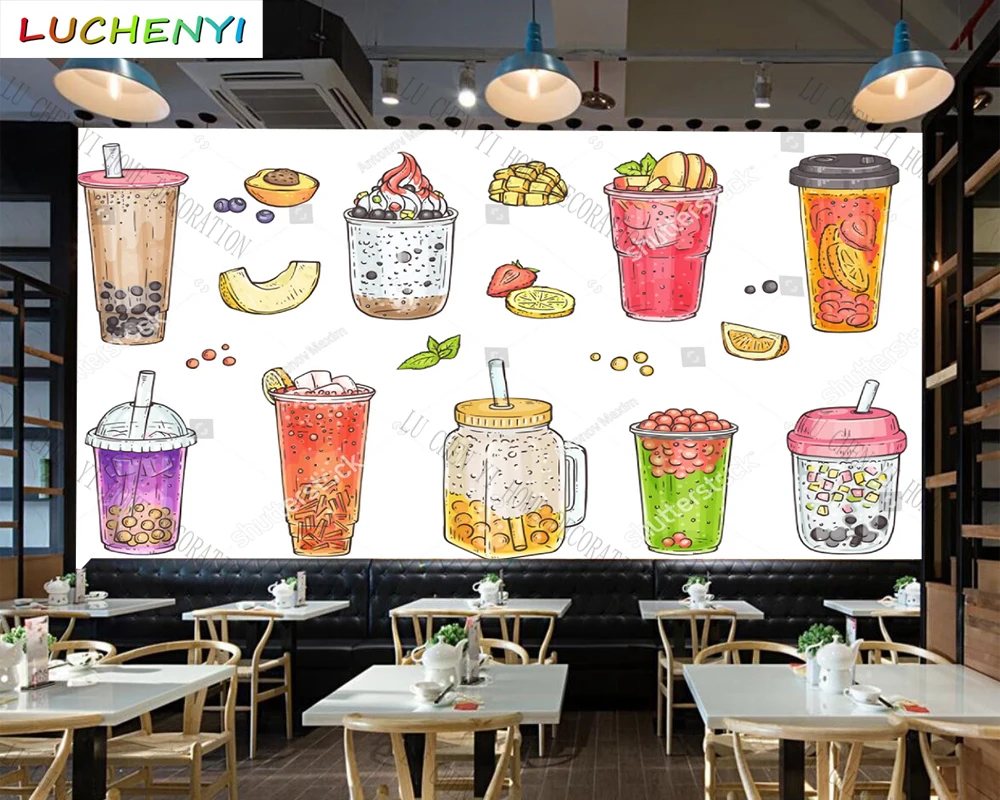 Custom bubble tea fruit  tea mural wallpaper restaurant ice cream cold drinking shop dining room wall papers home decor sticker