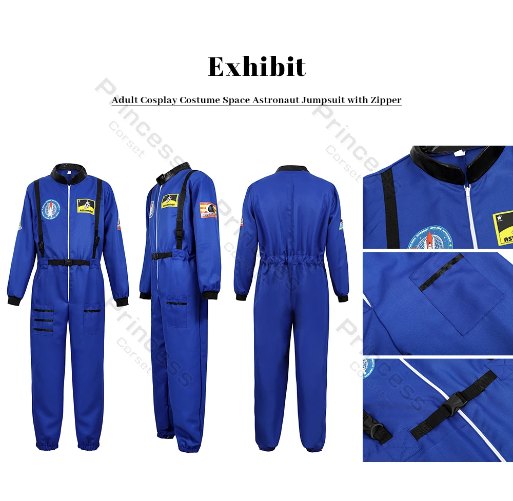 Astronauten-Kostüm für Erwachsene, für Damen und Herren, Fluganzug-Kostüm, Cosplay, Weltraum-Astronaut, blauer Ganzkörper-Overall mit Reißverschluss, Karneval – Detail 16
