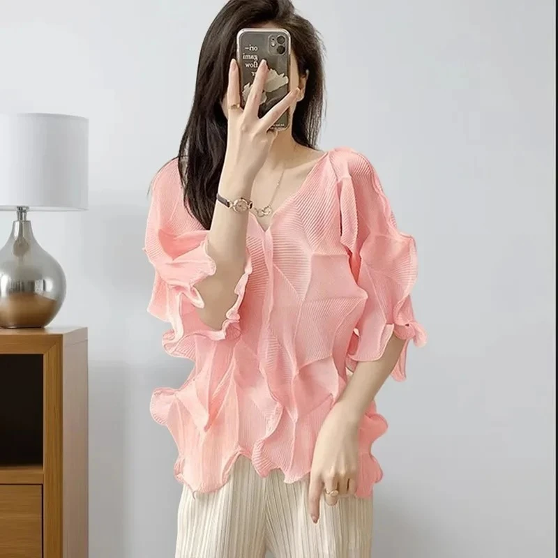 Miyake T-shirt a pieghe originale Casual Versatile 2025 Estate Nuovo Temperamento allentato sottile Versatile T-shirt bianca di fascia alta Marea