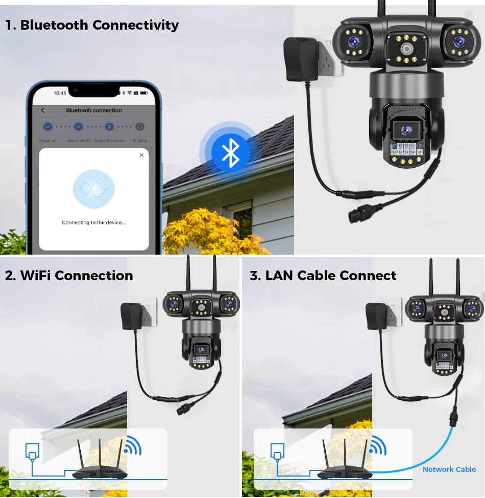 12MP สามเลนส์กล้อง IP ไร้สายกลางแจ้ง WiFi สามหน้าจอ 6K การเฝ้าระวัง Human Detection IP66 กันน้ํากล้องวงจรปิดกล้อง