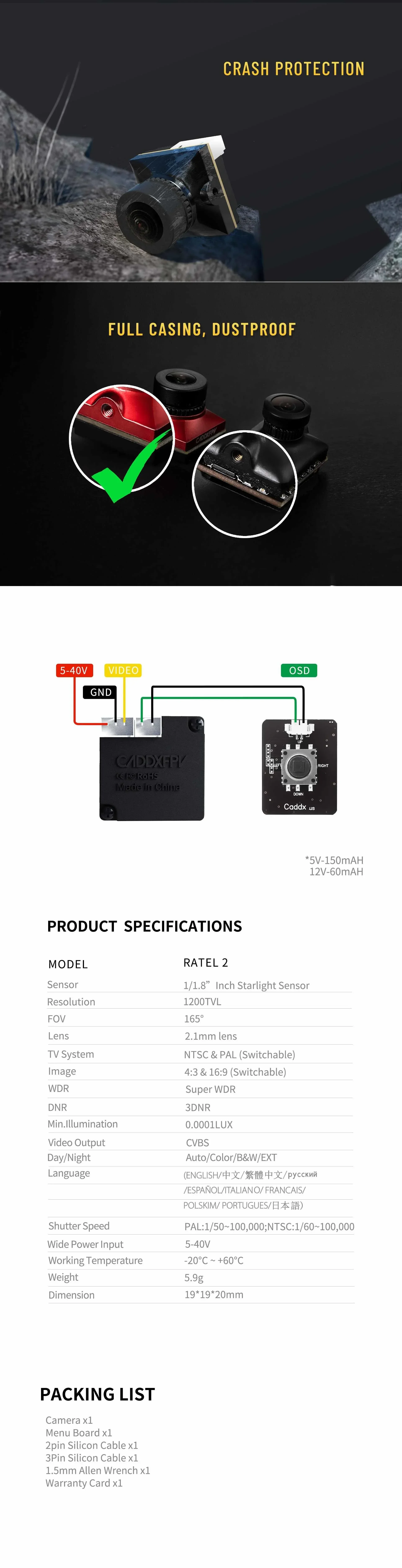 Caddx Ratel 2 FPV-Kamera 1200TVL 2,1mm Objektiv 16:9 4:3 NTSC PAL Super WDR FPV Racing Freestyle Drohne Quadcopter Brushless Teile – Detail 5
