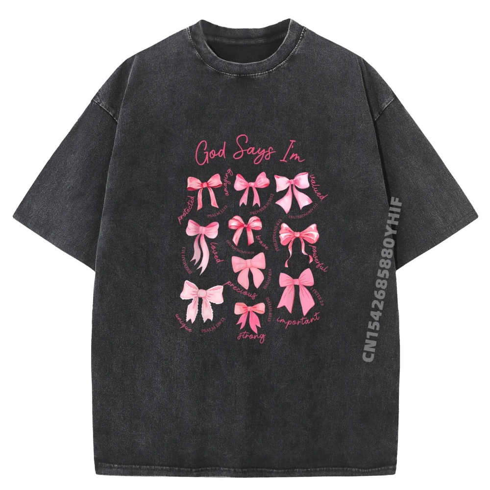 

God Says I Am Coquette Bow Valentines Day Christian Luxury T Shirt Mens Washed Loose Designer Clothes Men Father's Day