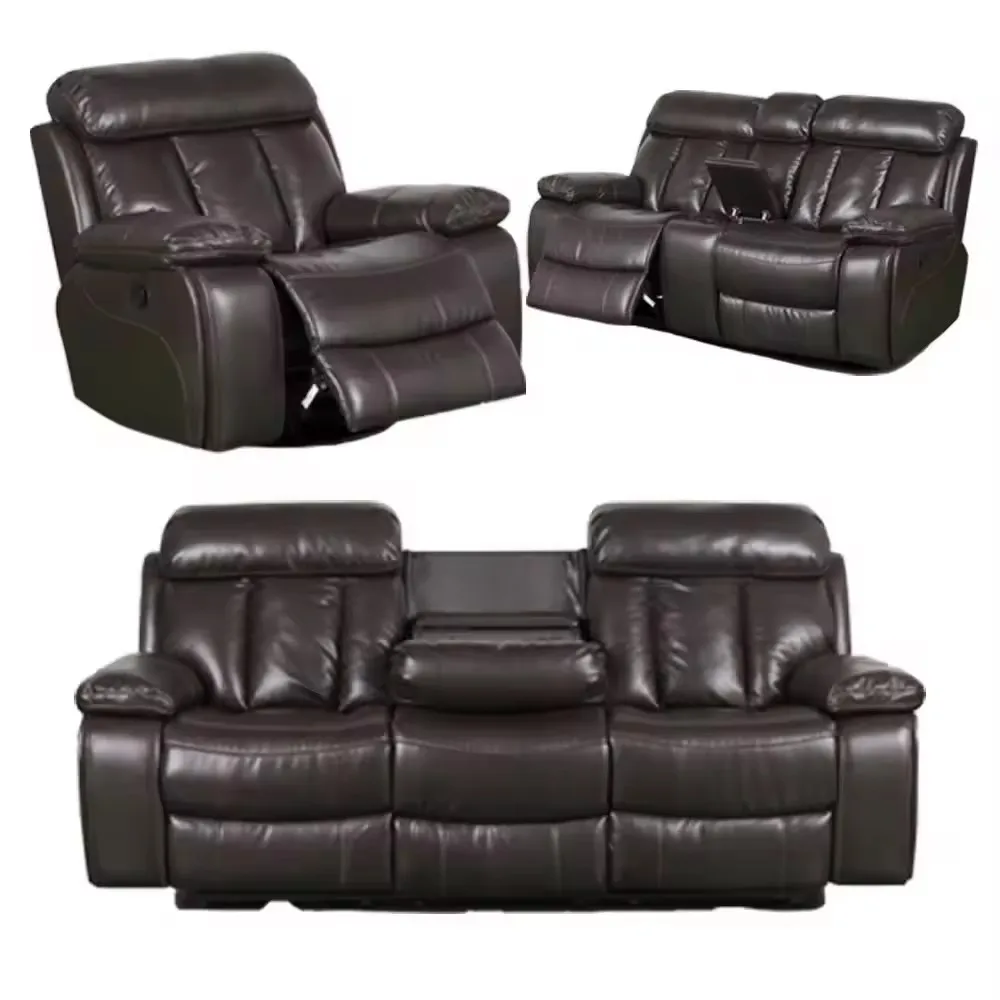 Custom Air Leather 3 2 1 Manual Reclining Living Room Sofas With Drop Down Table