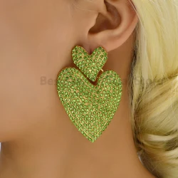 Green Crystal Double Heart Large Dangle Earrings For Women Trend Luxury Romantic Party High Quality Jewelry Ear Accessories Gift