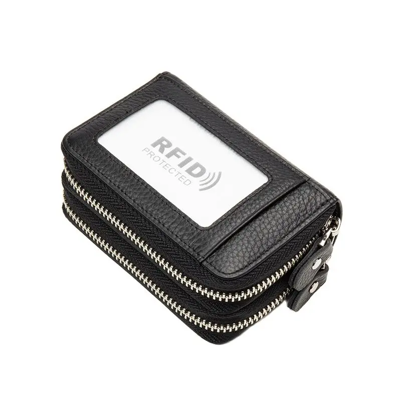 RFID Blocking Fashion Women Card Holder Genuine Leather Double Zipper Large Capacity Female Wallet Purse