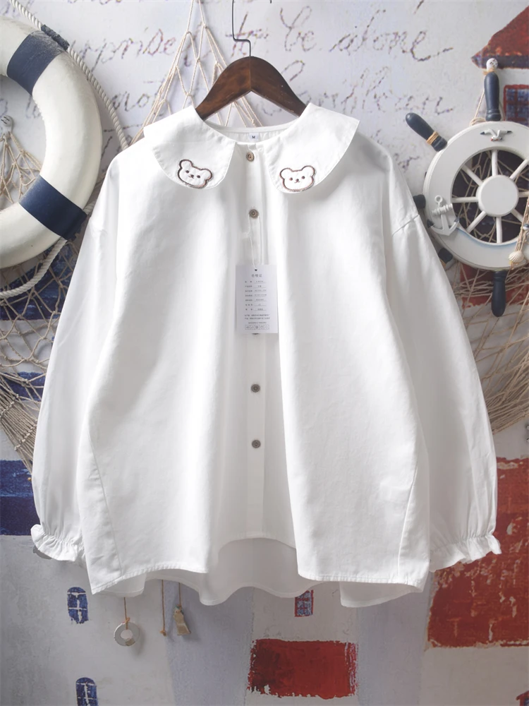 

Japanese Cute Shirts Peter Pan Collar Cartoon Embroidery Single Breasted Blouses Preppy Style Tops All Match Women Clothing 2025