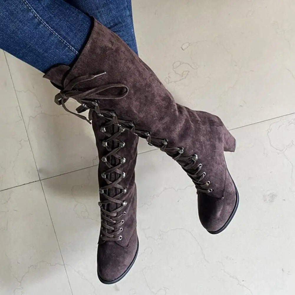 Rutschfeste Damenstiefel, Vintage-Stiefel für Damen, Wildlederstiefel mit mittlerer Wadenhöhe, Schnürstiefel mit Absatz, warme Winterstiefel für Cosplay-Damen