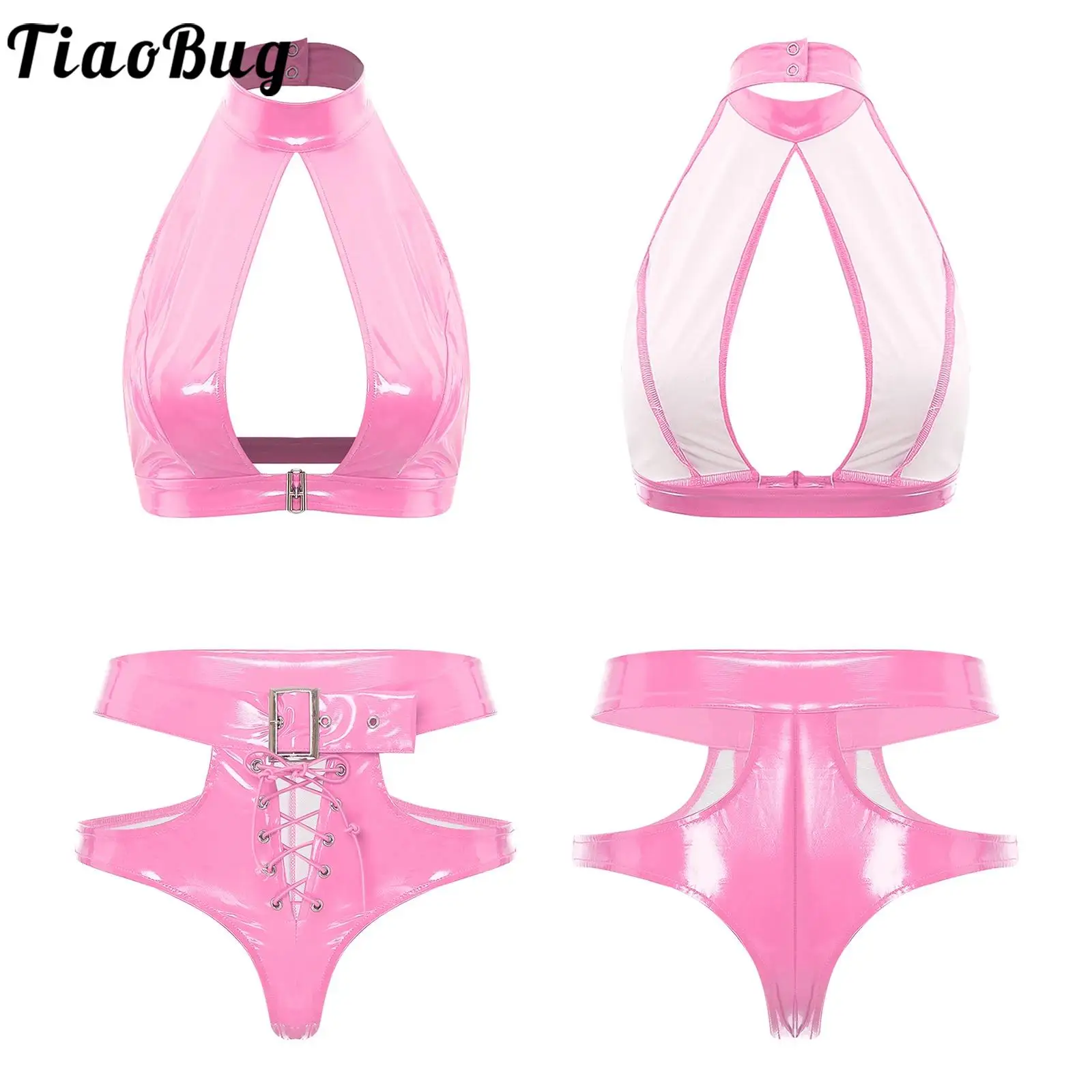 

Two Pieces PU Leather Cutout Camisole Bra Tops with Hollow Out Lace-up Booty Underwear Sets Women Lingerie Tempting Nightwear